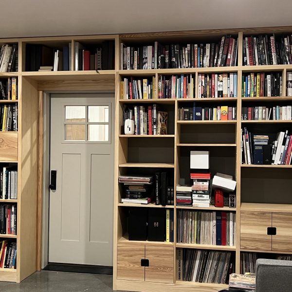 Custom built-in white ash bookshelves